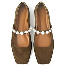 Flats For Women, Mary Jane Ballet Flats With Pearl Strap Square Toe Ballerina Walking Wedding Bride Party Dress Shoes - 深棕色 - 查看 4