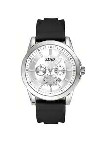 1件男士简约高端圆形三眼多功能日历表盘硅胶表带石英表，适合节日、送礼、情人节、圣诞节、年末等场合。 - 黑色 - 查看 3