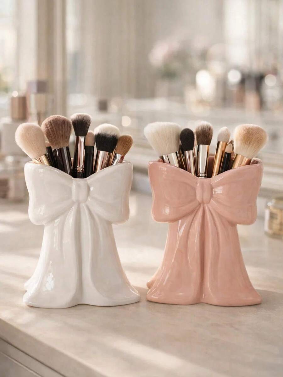 1/2 piezas Juego de cajas de almacenamiento de cosméticos con forma de lazo, soporte para brochas de maquillaje adecuado para tocador, dormitorio, baño, decoración del hogar linda, regalo para damas y amigas, decoración de sala de maquillaje, bolsa de maquillaje, artículo de viaje esencial - Multicolor - Ver 1