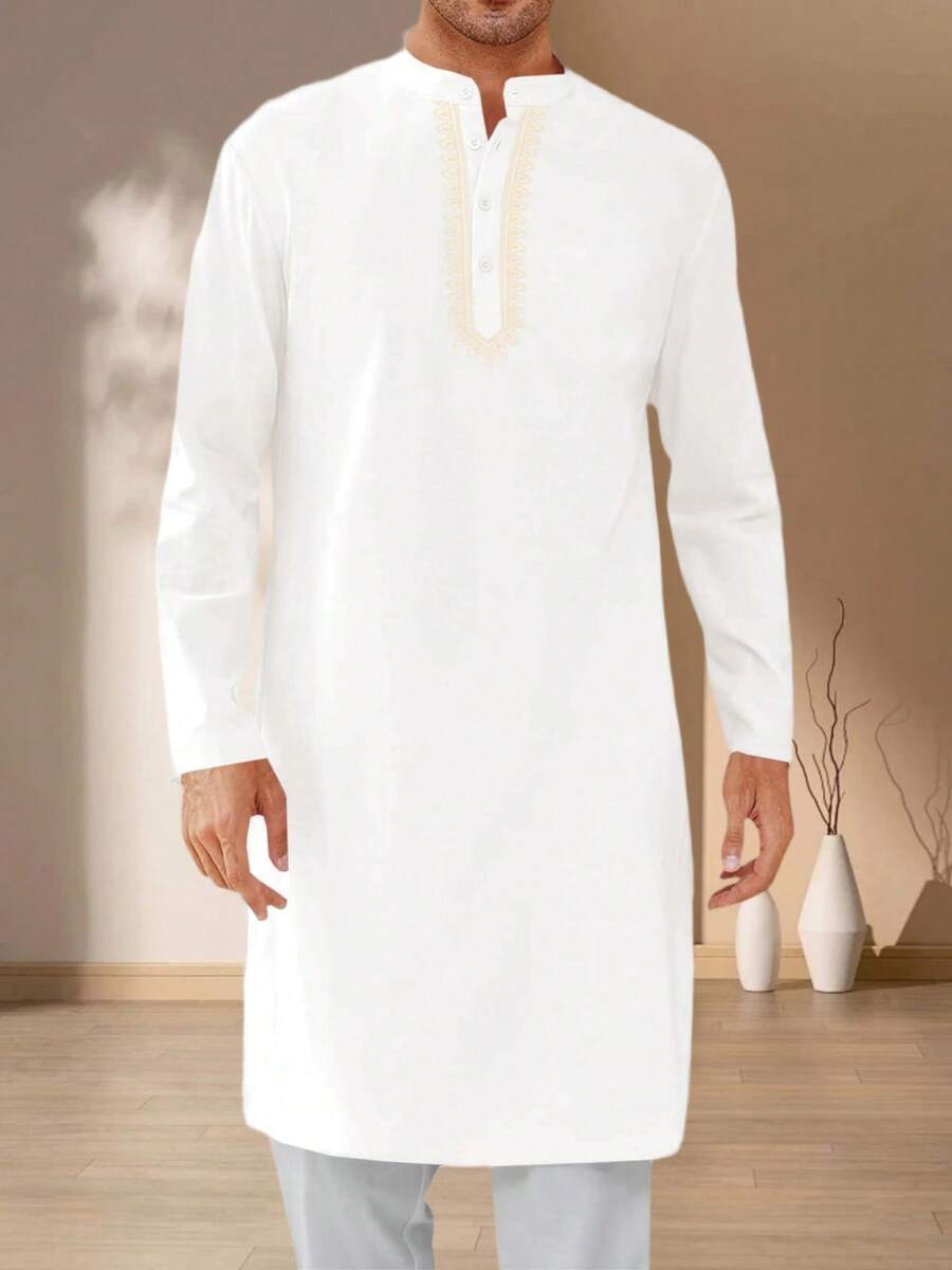 Runcati Mens Kaftan Thobe Casual Henley Shirts Button Up Long Sleeve Robe Muslim Gown Shirt - 白色 - 查看 1