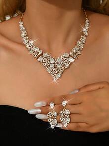 3件套奢华婚礼派对女士礼服水钻装饰珠宝时尚闪亮项链耳环套装，舞会礼服珠宝配饰 - 金色 - 查看 14