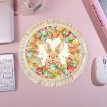 1/4/6pcs Easter Collection, Linen Printed Tasseled Placemat/Coaster With Little Rabbit Surrounded By Easter Eggs And Colorful Flowers - Multicolor - View 7