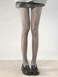 1双女士保暖过膝袜，休闲百搭灰色打底裤，日本JK菱形网眼加厚过膝袜，适合秋冬季穿着 - 灰色 - 查看 6