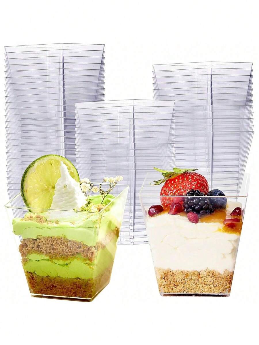 50pcs Mini Square Plastic Dessert Cups, 2oz Clear Pudding And Appetizer Bowls Suitable For Parties And Events - Transparent - View 1