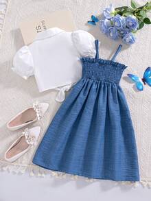 2pcs/Set Young Girls Summer New Solid Color Puff Sleeve Cardigan With Button Collar Casual Shirt + Bow Decor Suspender A-Line Casual Dress Set - Multicolor - View 2