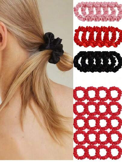 20个/包 女士小号红色发圈，缎面丝绸马尾发圈，弹力发绳，适合夏季、海滩、度假，可用作发圈、发饰、发带、发饰、女士配饰