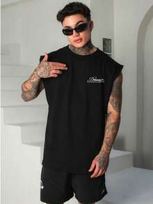 Kit Of 2 DMUNIZ Oversized Streetwear T-Shirts And Tank Tops With High Neck And Chest Print - Silent Luxury - 黑色T卹/黑色背心 - 查看 5