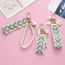 1PC Small Fresh DIY Woven Ribbon Pearl Keychain Car Pendant Creative Striped Cloth Ribbon Pearl Ocean Digital Accessories Jewelry Female - A6 - 查看 3