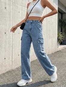 calça jeans cargo feminina larga folgada com bolso multiplo - Azul Empoeirado - Visão 1