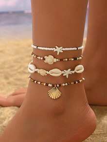 Set da 4 pezzi di gioielli per caviglia stile vacanza al mare, con conchiglie, perle, stelle marine, tartarughe e corda intrecciata, adatti per uso quotidiano, feste, appuntamenti, spiaggia e vacanze - Multicolore - Visualizzare 1