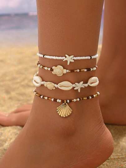Set de 4 piezas de joyería de tobillera con cuerda trenzada con conchas, perlas, estrellas de mar y tortugas, en estilo de vacaciones en la playa, adecuado para uso diario, fiestas, citas, playa y vacaciones