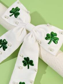 1pc St. Patrick's Day White Green Girls Hair Bows,Fabric Clover Leaf Decor Bow Hair Clips For Girls ,Fashion Alligator Clips St. Patrick's Day Hair Accessories For Girls St. Patrick's Day Gifts - Green - View 7