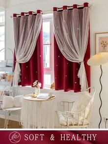 1pc Hollow Star Curtain, Polyester With Lace Sheer Double Layer Curtain, Darkening Bedroom Window Curtain, Cute Unique Princess Style Curtain Suitable For Holidays - Burgundy - View 7