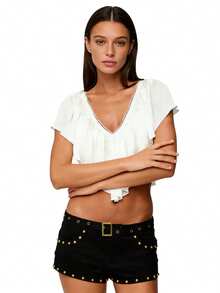 Women Ruffle Crop Top V Neck Frill Trim Tie Back Blouse Summer Going Out Top Shirts - 白色 - 查看 4