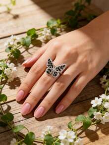 1pc Silver Multi-Color Copper Plated Gold Butterfly Shape Ring With Cubic Zirconia, Suitable For Everyday Wear - Black - View 6