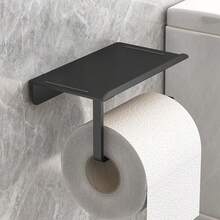 1pc Plastic Toilet Paper Holder, Wall-Mounted Plastic Rack, Self-Adhesive Tissue Paper Dispenser, Toilet Paper Roll Holder, Multi-Function Storage Rack, Phone Holder, Bathroom Organizer, Easy Installation Wall-Mounted Toilet Paper Rack - Black - View 6