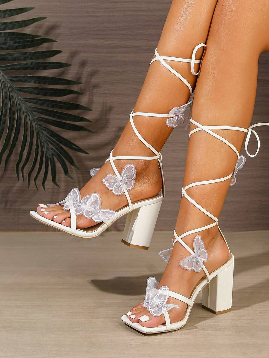 女士方头粗跟凉鞋，时尚性感白色系带优雅舒适高跟鞋，蝴蝶装饰环绕式高跟鞋，适合夏季派对和晚宴 - 白色 - 查看 1