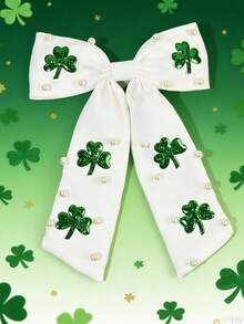 1pc St. Patrick's Day White Green Girls Hair Bows,Fabric Clover Leaf Decor Bow Hair Clips For Girls ,Fashion Alligator Clips St. Patrick's Day Hair Accessories For Girls St. Patrick's Day Gifts - Green - View 1