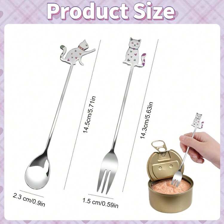 2pcs Cute Cat Stainless Steel Spoon & Fork Set, Easy To Clean, Suitable For Cat/Dog Wet Food Bowls - 2pcs - View 5