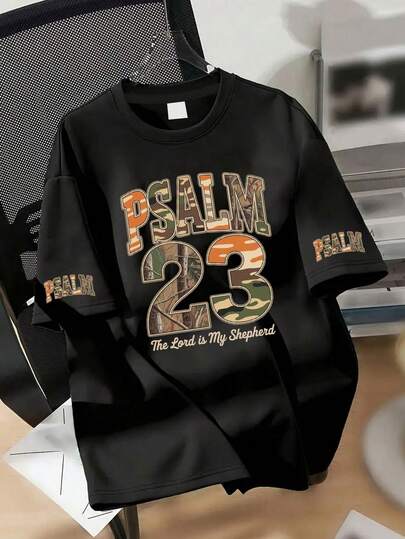 Plus Size Women's Summer Top "PSALM 23" Printed Camouflage Pattern Short-Sleeve Casual Crew Neck T-Shirt Black