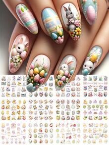 Pegatinas de transferencia de agua para decoración de uñas con diseño de conejo, huevo y flor de dibujos animados - Pegatinas deslizantes de arte de uñas con diseño lindo, accesorios de manicura y suministros de arte de uñas - Multicolor - Ver 7