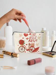 1 pieza Bolsa de cosméticos con patrón de flores de bicicleta roja, bolsa de maquillaje del Día de San Valentín, regalo perfecto para familiares y amigos - Rojo y blanco - Ver 4