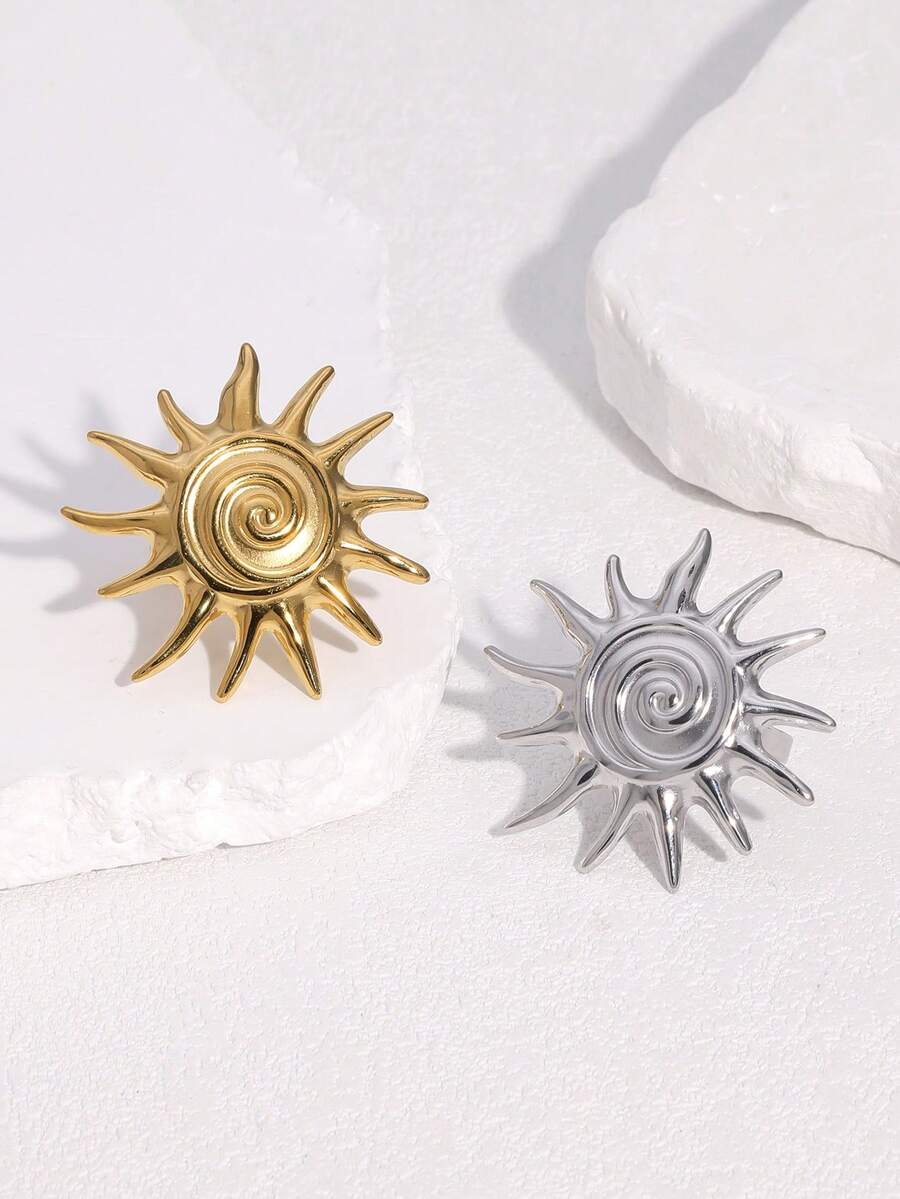 1pc Exaggerated High-End Plated Stainless Steel Spiral Sun-Shaped Open Ring, Suitable For Women's Daily, Party, And Date Wear