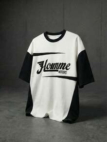 Camiseta holgada para hombre con contraste de color, patrón de letras y rayas de carreras, suave y cómoda para el verano - Blanco y Negro - Ver 1