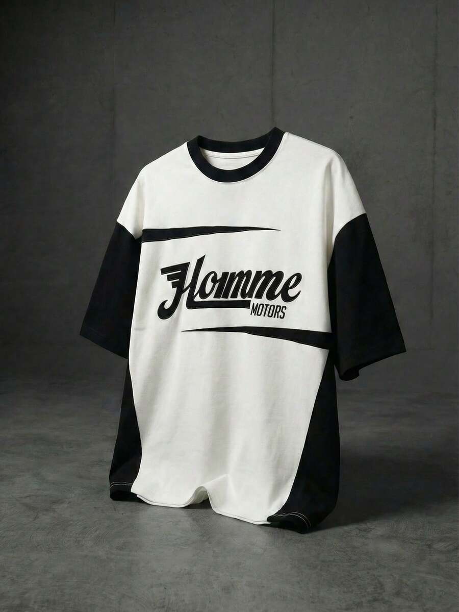 Camiseta holgada para hombre con contraste de color, patrón de letras y rayas de carreras, suave y cómoda para el verano - Blanco y Negro - Ver 1