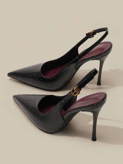 10.5CM Pointed Toe High Heel Pumps For Women, Elegant Stilettos With Metal Decor Ankle Strap, Snakeskin Pattern PU Material, Sexy Black High Heels, Versatile For Daily, Party, Valentine's Date, Spring Festival, Office Commute