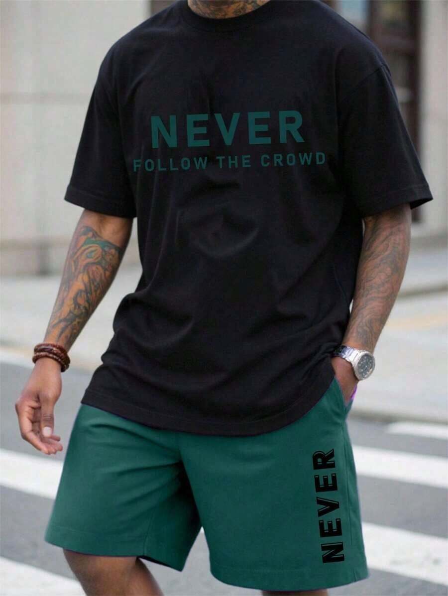 Manfinity LEGND Knitted Men's T-Shirt  For Everyday Comfort And Style Never Give Up Print Set Plus Size - 黑色 5 - 查看 1