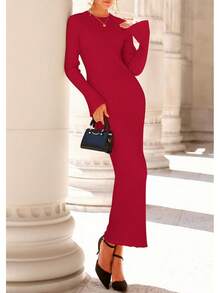 Vestido maxi de punto de cuello redondo y manga de campana, ajustado al Body, para mujer, otoño-invierno 2026 - Rojo - Ver 3