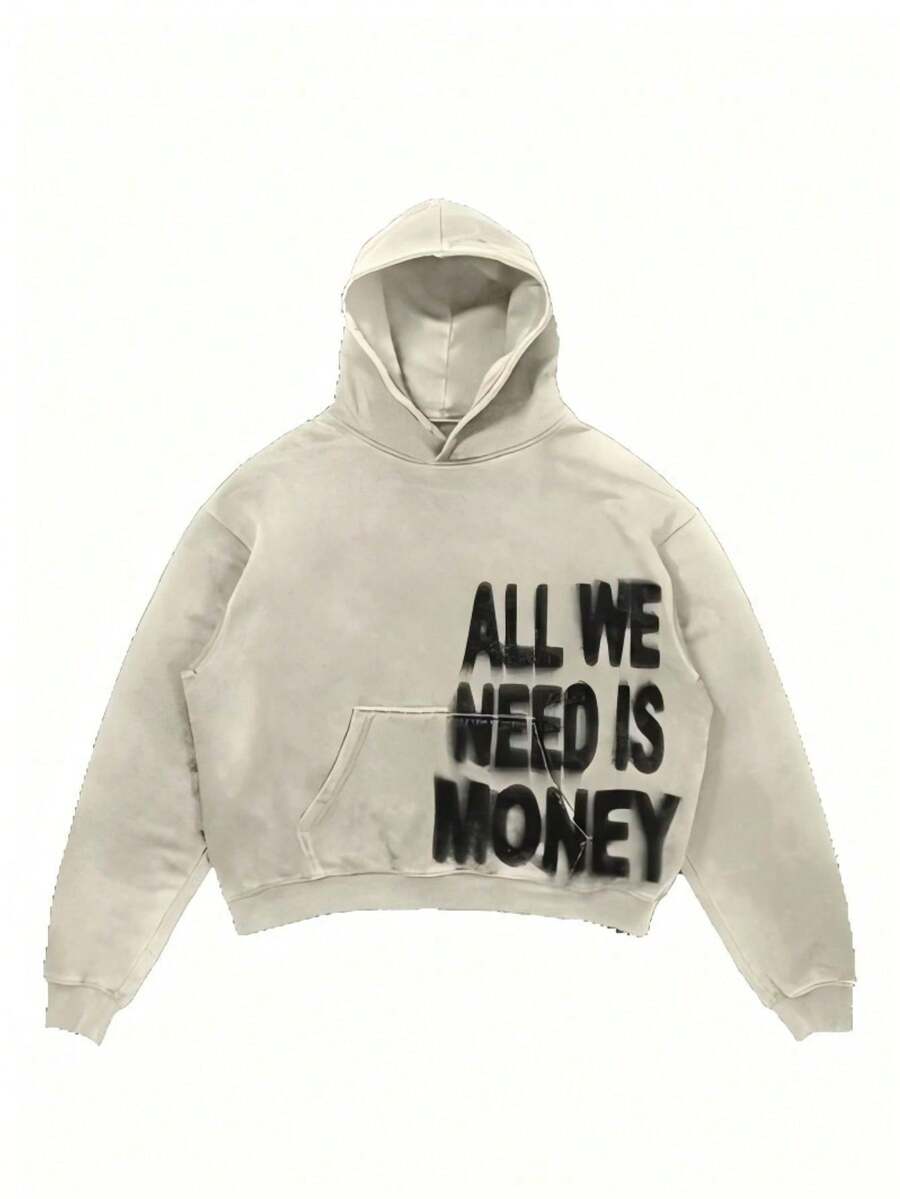 Y2K Hoodies For Men "ALL WE NEED IS MONEY" Letter Hoodie, Personalized Slogan Sweatshirts, Light-Colored Cropped Street Retro Hoodies, Comfortable Everyday Clothing - 白色 - 查看 1