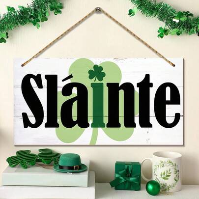 1pc St Patricks Day Wood Decor Sign, Slainte Printed Wood Wall Art Sign, Irish Home Signs Decor, Hanging Door Wood Sign, Shamrock Sign, St Patricks Day Decor, Rustic Farmhouse Decor