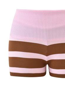 Women Y2k Fold Over Knit Shorts Striped Elastic Waist Low Rise Boycon Crochet Lounge Bottoms Stretchy Pjs Boyshorts Sleepwear Loungewear Streetwear - 粉色 - 查看 7