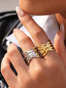 Frminee 2pcs/1pc Chunky Intersecting Gold-Plated Stainless Steel Ring With A Twisted, Stacked Design. A Women's Jewelry Ring Suitable For Everyday Wear And Special Occasions. - Multicolor - View 5