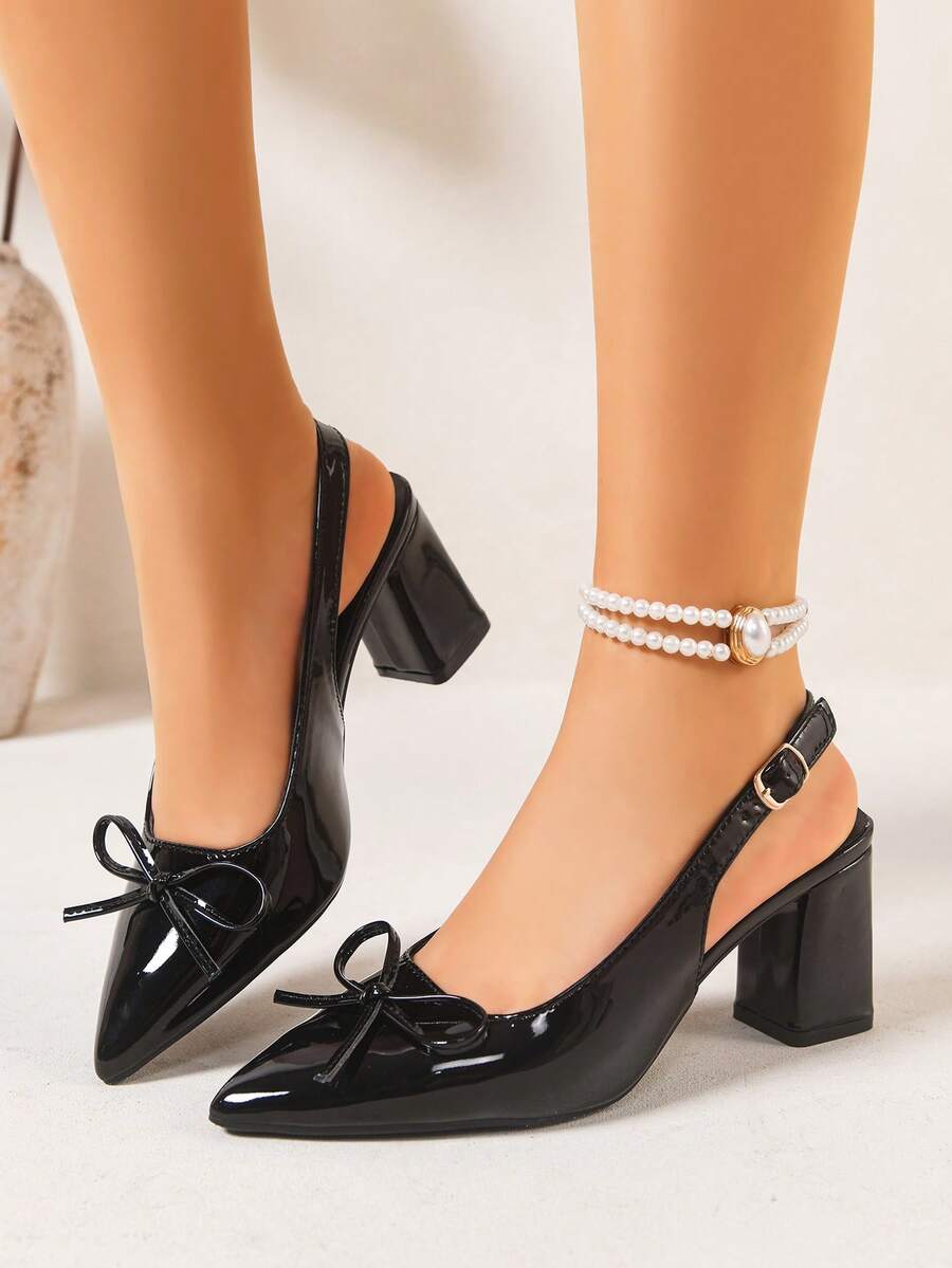 Women's Elegant White Pointed Toe Bowknot High Heel Sandals, Fashion Party Versatile Buckle Chunky Heel Pumps - Black - View 1
