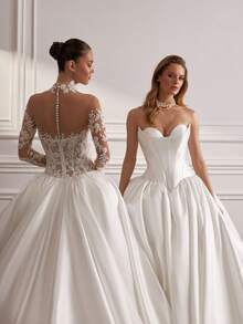 Lavish High Neck Illusion Lace Long Sleeve 3D Floral Beaded Satin Ballgown Wedding Gown, Wedding Dresses For Bride, Elegant And Comfortable, Includes Plus Sizes, Bridal Gown, Formal Dresses For Women, Suitable For Wedding, Party, Vacation, Bride, Formal Occasions, Dinner Dress, Prom Dress, After-Party Dress, Homecoming Dress, Cocktail Party, Birthday Party, Celebration, Gala, Festival, Ceremony, White - trắng - Xem 4