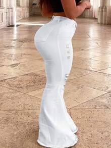 Plus Size Women's Mid-Rise Flared Jeans, Sexy Ripped Elastic Raw Hem Denim Flared Pants, Casual Wear Fashion Trousers,Valentine Outfits For Women - White - View 2