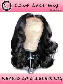 Blended Hair Is Made From Human Hair Mixed With Synthetic Fibers And Protein Filaments Short Body Wave Wig Glueless Short Wavy Bob Wigs 13x4 Frontal Lace Side Part Loose Wave Wigs For Women Shoulder Length Curly Synthetic Wig Lace Part Hair 180% Density - Natural & Black - View 2
