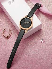 1 chiếc đồng hồ nữ thạch anh mặt lớn thời trang và thanh lịch, đính đá, kiểu dáng tối giản thường ngày, phù hợp cho đi làm, hẹn hò và các buổi gặp gỡ. - màu đen - Xem 7