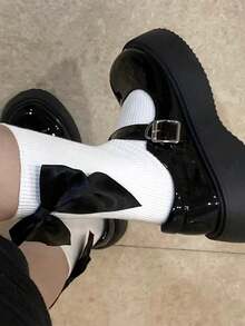 1 Pair Women's Lolita Style Black Bow White Mid-Calf Socks, Sweet & Versatile For Spring/Summer, Suitable With Loafers And Princess Shoes - Multicolor - View 3