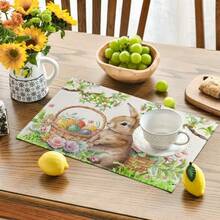 1/4/6 Piezas Manteles individuales con diseño de huevo y conejo de Pascua, manteles de lino con estampado de huevo y conejo, protector de mantel lavable, ideal para decoración de fiestas, cocina y reuniones familiares - Multicolor - Ver 5
