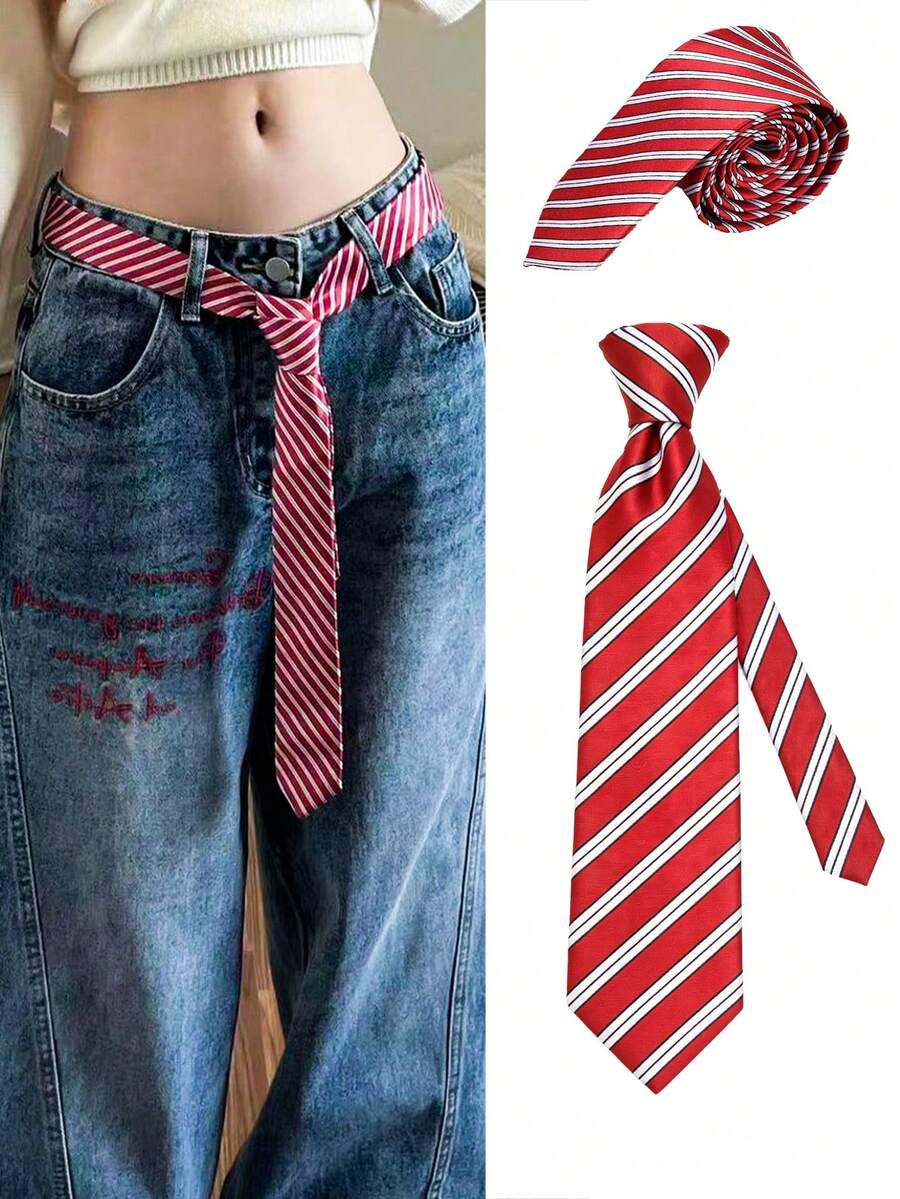 1pc Red Tie/Belt, JK Uniform Tie For Women, School Style Waist Belt, Perfect Accessory For Sailor Uniform. Featuring A Slim Striped Design, Suitable For Casual Wear, Weekend Outings, Dates, Campus Trips, Street Photography, And More. A Fashionable And Versatile Accessory, Also An Ideal Choice For Christmas Decoration. - Multicolor - View 1