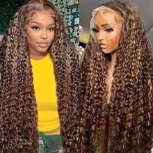 34英寸蜜金色4/27深波浪13x4蕾丝前假发，真人发，200%密度，混合真人发，预先拔毛 #P4/27 深卷波浪高清蕾丝前假发，女士款 - SP4/27 - 查看 7