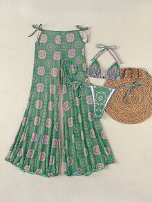 女士复古绿粉色碎花比基尼，系带设计，性感沙滩度假三件套泳衣，2026春夏款 - 彩色 - 查看 3