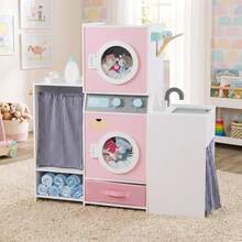 Wooden Kids Laundry Playset Pretend Toy Washing Machine W/ Clothes Hangers - Pink - View 3