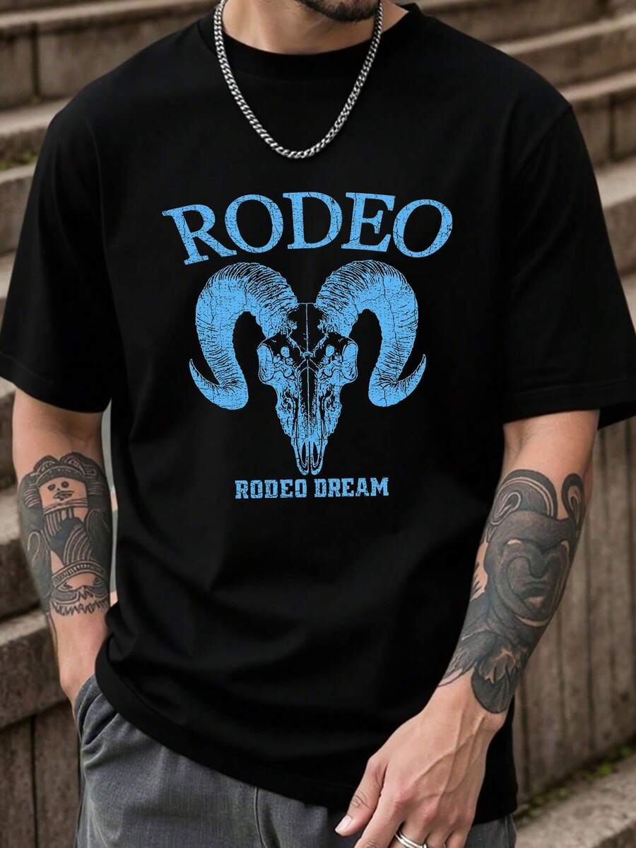Men's Graphic T-Shirt ,Rodeo Bull Head Print Wild Rodeo Cowboy Style, Casual Summer T-Shirt, Crew Neck, Short Sleeves, Suitable For Gathering Party, Good Gifts For Friend - Black - View 1