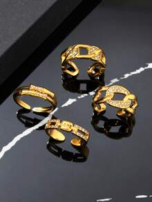 4件套时尚优雅不锈钢女士开口几何爱心水钻首饰套装，适合日常佩戴、节日、约会、订婚、婚礼等场合。 - 金色 - 查看 5