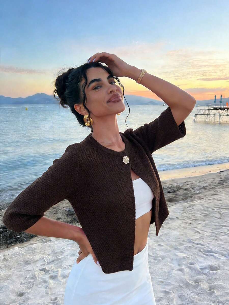 Brown Elegant Minimalist Round Neck Short Sleeve Knit Sweater For Women, Spring/Summer New Casual Loose Fit Commuting Cardigan, Comfortable Soft Beachwear For Holiday, Seaside - Brown - View 1